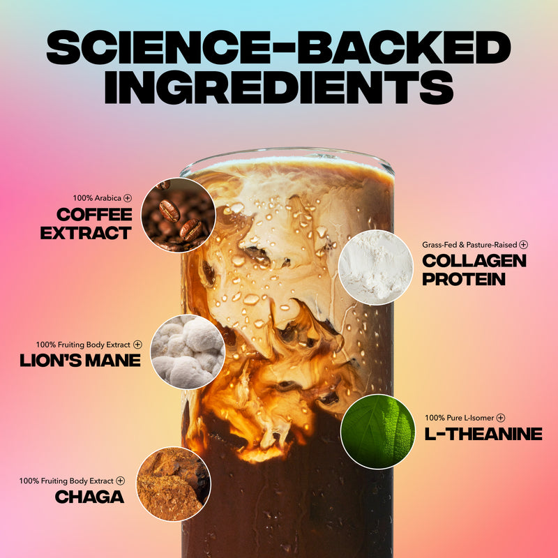 30 Servings Coffee+ Medium Roast with science-backed ingredients like coffee extract, collagen protein, lion’s mane, chaga, and L-theanine.