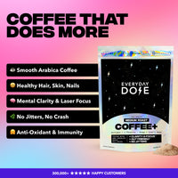 30 Servings Coffee+ Medium Roast package with benefits including smooth Arabica coffee and mental clarity boost.