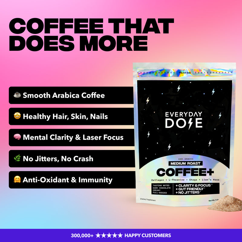 30 Servings Coffee+ Medium Roast package with benefits including smooth Arabica coffee and mental clarity boost.