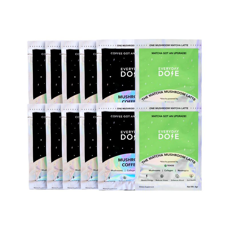 10-Pack of Mushroom Coffee and 2-Pack of Mushroom Matcha sachets for enhanced energy and wellness.