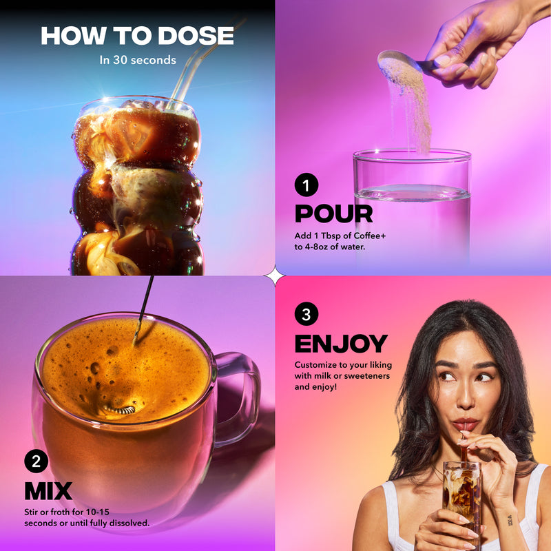 30 Servings of Coffee + FREE Starter Kit showing how to dose, pour, mix, and enjoy the coffee alternative in 30 seconds.