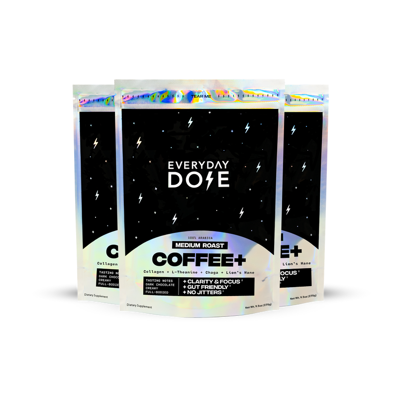 90 Servings Coffee+ Medium Roast package with collagen, nootropics, and functional mushrooms for focus and energy.