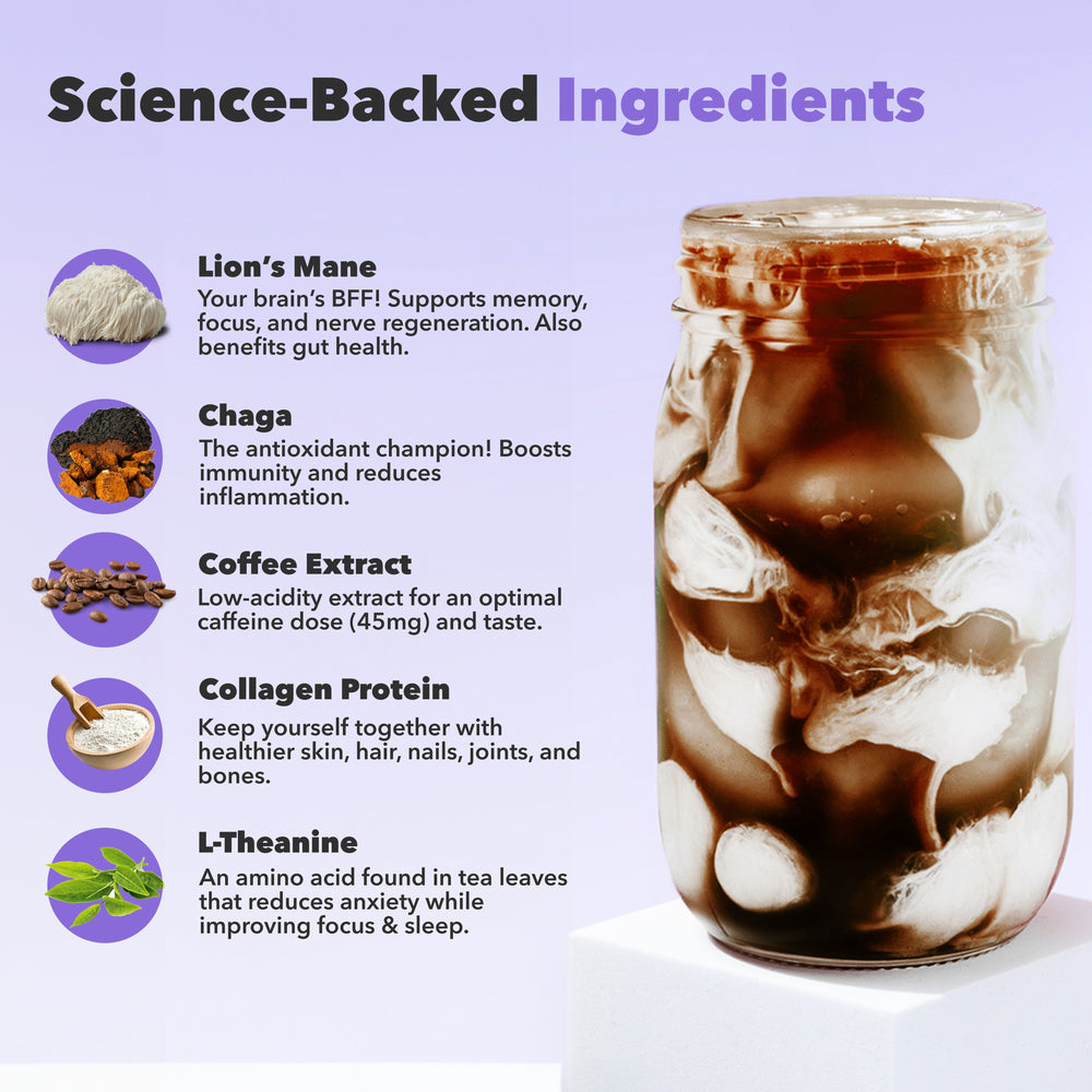 30 Serving of Mushroom Coffee + FREE Starter Kit highlighting science-backed ingredients like Lion’s Mane, Chaga, collagen, and L-Theanine.