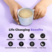 Hands holding a cup of mushroom coffee with benefits icons for 30 Serving of Mushroom Coffee + FREE Starter Kit Giveaway Special