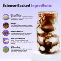 Science-Backed Ingredients for 30 Serving of Mushroom Coffee + FREE Starter Kit with Lion’s Mane, Chaga, collagen, and coffee extract.